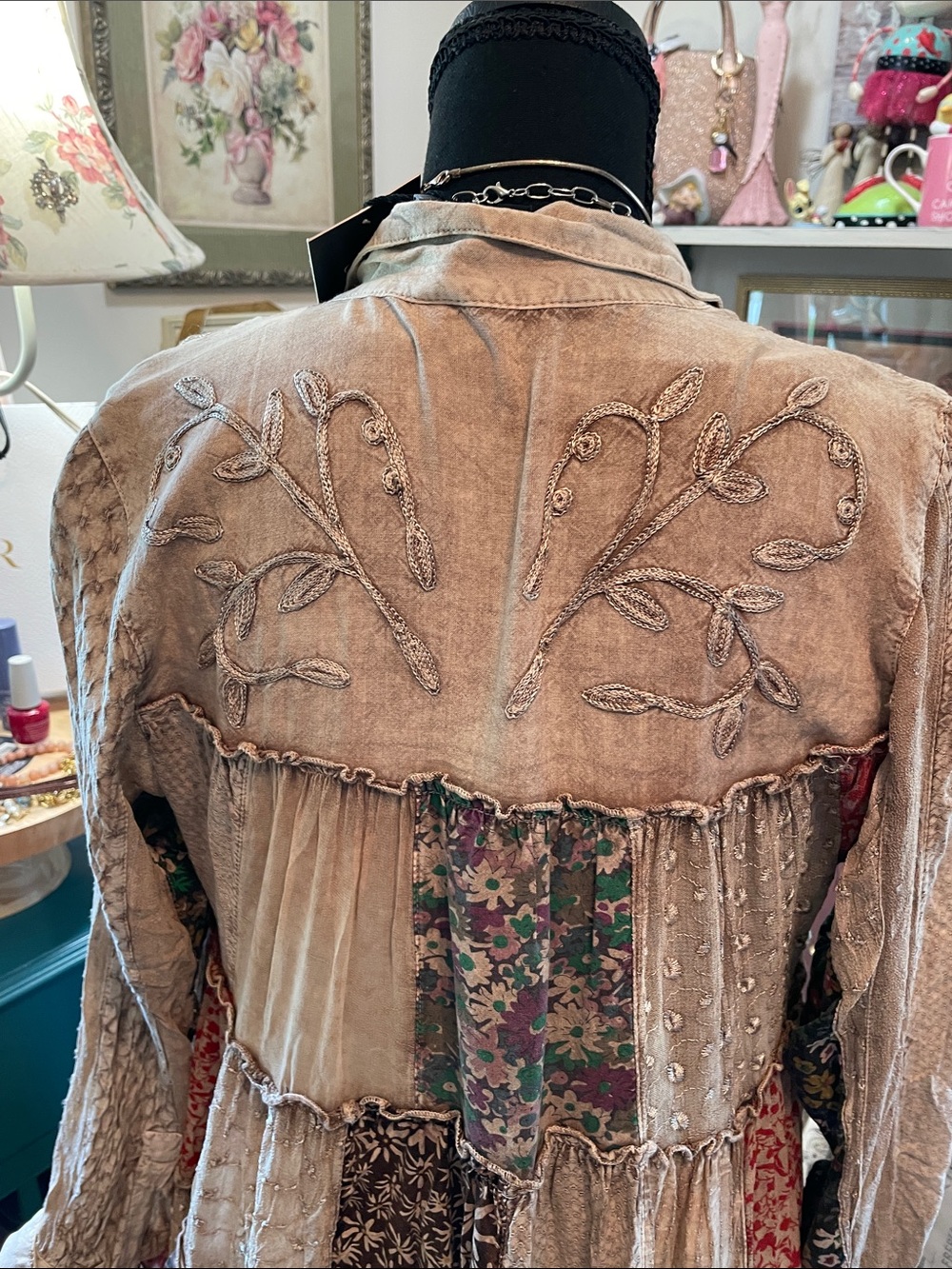 Boho Patchwork Duster Jacket in Beige and Floral Mix Young Threads - Picture 11 of 16